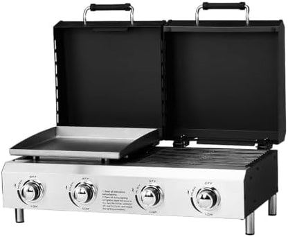 ROVSUN 4 Burner Propane Gas Grill & Griddle Combo, 40000 BTU Tabletop Flat Top Griddle & BBQ Grill with Ignition, Lids & Portable Cart for Outdoor Backyard Cooking Barbecue