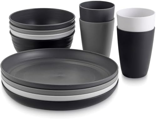 Anbte 12pcs Plastic Camping Plates and Bowls Sets for 4, Unbreakable, Black