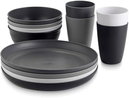 Anbte 12pcs Plastic Camping Plates and Bowls Sets for 4, Unbreakable, Black