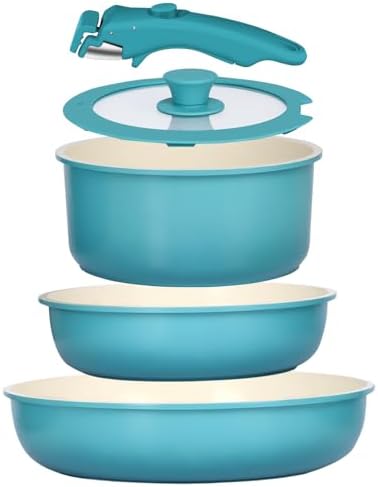 GIPP 5pcs Pots and Pans Set Non Stick, Nonstick Cookware Set Detachable Handle, Ceramic Pots for Cooking Non Stick with Removable Handle, RV Cookware Set for All Stoves, Light Blue Gradient