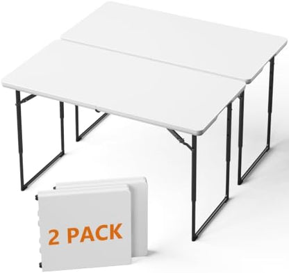 2 Pack 4 FT Folding Table with Adjustable Height, Heavy Duty Fold in Half Utility Table, Portable Plastic Picnic Table, No Assembly Card Table for Camping, BBQ, Party, RV Travel