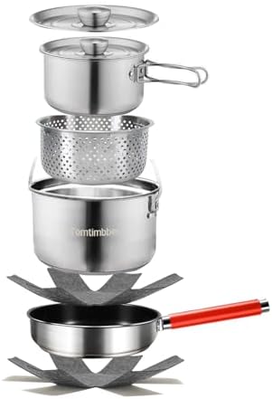 Camping Cookware Set 304 Stainless Steel Cooking Pots Pan Set with Travel Tote Bag for Camping Outdoor Kitchen Cooking Picnic for 4-6