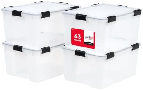 IRIS USA WeatherPro Storage Bins with Lids, 63 Qt, Clear, 4 Pack