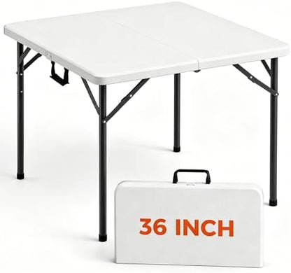 36 Inch Folding Card Table, Heavy Duty Square Folding Game Table with Carrying Handle, Fold-in-Half Portable Utility Table, No Assembly, Indoor Outdoor for Party, Camping, RV Travel