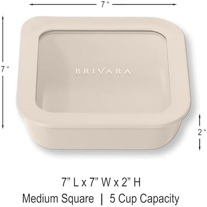 Glass Food Storage Container with Lid, 5-Cup Medium Square | Microwave-Safe Airtight Lid, Oven-Safe Ceramic-Coated Glass | Zero Plastic, No PFAS/PFOA/BPA, Reusable [Crema]
