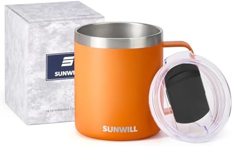 SUNWILL Insulated Coffee Mug with Lid, Travel Tumbler with Handle, 14 oz Stainless Steel Cup for Camping, Office, Home, Powder Coated Orange