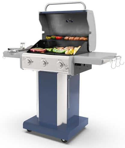 Kenmore 3-Burner Propane BBQ Grill, 30,000 BTUs Gas Grill with Cast Iron Cooking Grates, Folding Side Tables & Wheels, Outdoor Grill with Tool Hooks, Azure Blue