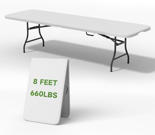 8ft Heavy Duty Folding Table - 660lb Capacity, Commercial Grade Steel Frame & Safety Lock. Portable for Indoor, Outdoor, Parties, Camping (1 Pack)