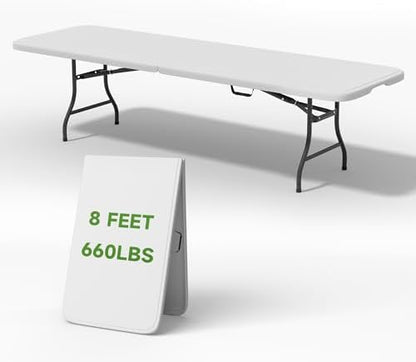 8ft Heavy Duty Folding Table - 660lb Capacity, Commercial Grade Steel Frame & Safety Lock. Portable for Indoor, Outdoor, Parties, Camping (1 Pack)