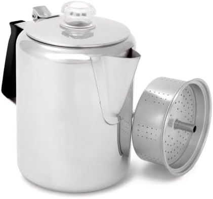 GSI Outdoors Percolator Coffee Pot I Glacier Stainless Steel with Silicone Handle for Camping, Backpacking, Travel, RV & Hunting - Stove Safe