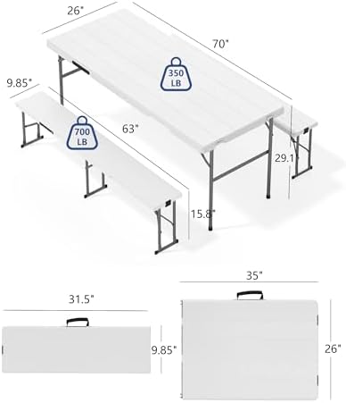 Folding Table with 2 Benches Set for Picnic, Party, Camping, School