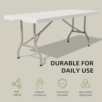 Folding Table 6 Foot - Heavy Duty 330LBS Capacity, Sturdy & Foldable Design with Safety Lock - Portable Tables Folding for Camping, Party, Indoor & Outdoor Use, 1 Pack