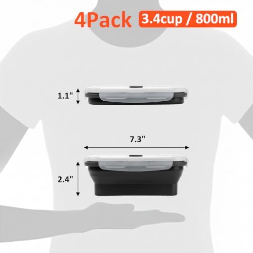 Collapsible Silicone Food Storage Containers Set with Lid & Air Vent,Foldable Lunch Containers(4PCS,Black,27oz)