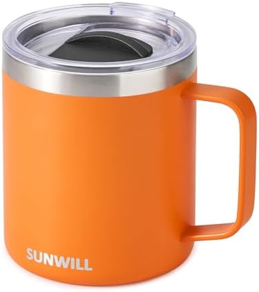 SUNWILL Insulated Coffee Mug with Lid, Travel Tumbler with Handle, 14 oz Stainless Steel Cup for Camping, Office, Home, Powder Coated Orange