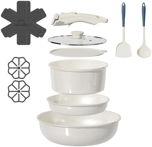 12 Pcs Pots and Pans Set Non Stick, Ceramic Cookware Set Non Toxic with Detachable Handles, Healthy Induction Cookware Oven Safe RV Kitchen Set, PFAS PFOA & PTFE Free, Cream White