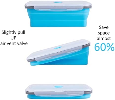 Collapsible Food Storage Containers with Airtight Lid & Air Vent, 40.5 oz, Kitchen Stacking Silicone Collapsible Meal Prep Container Set for Leftover, Microwave Freezer Dishwasher Safe, Blue, Set of 4
