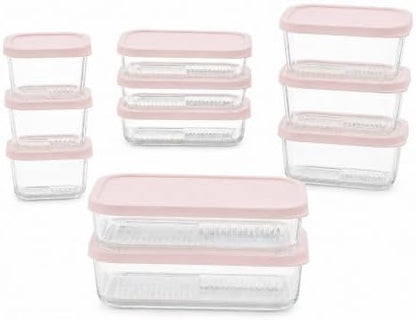 Glass Food Storage Containers with Lids - 22 Piece - 10.5 oz, 17.6 oz, 25.4 oz & 57.5 oz Sets Glass with BPA-Free Leak Resistant Stackable Lids - Microwave, Oven & Dishwasher Safe - Berry Blush