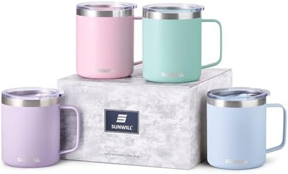SUNWILL Travel Coffee Mug Set of 4, 14 oz Insulated Stainless Steel