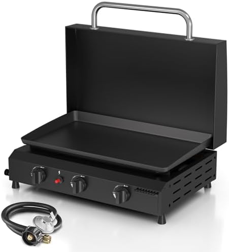 25.6'' Gas Griddle Flat Top Grill with Lid, 3-Burner Tabletop Portable Propane Griddle for Outdoor Cooking, BBQ, Camping & Tailgating Barbecue, 45,000BTU Output