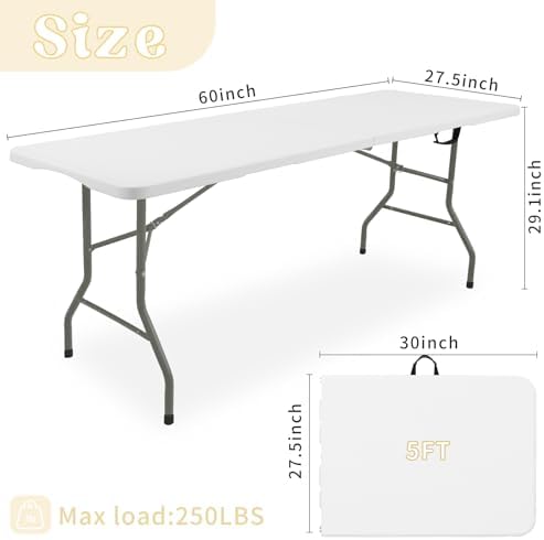 HAISIWLKJ Folding Table 5 FT Camping Table Portable Heavy Duty Plastic Rectangular Outdoor Dining Table Steel Legs Fold-in-Half with Carrying Handle for Indoor,Picnic,Party,Wedding,Events(White)