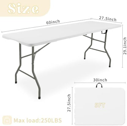 HAISIWLKJ Folding Table 5 FT Camping Table Portable Heavy Duty Plastic Rectangular Outdoor Dining Table Steel Legs Fold-in-Half with Carrying Handle for Indoor,Picnic,Party,Wedding,Events(White)