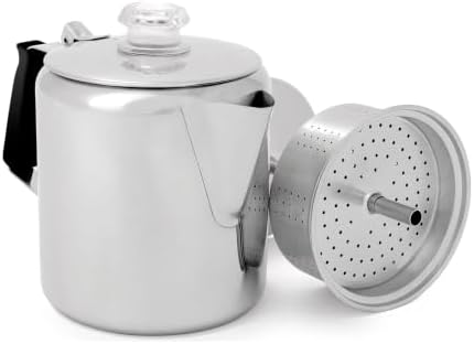 GSI Outdoors Percolator Coffee Pot I Glacier Stainless Steel with Silicone Handle for Camping, Backpacking, Travel, RV & Hunting - Stove Safe