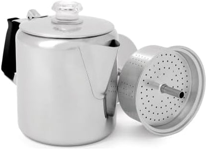 GSI Outdoors Percolator Coffee Pot I Glacier Stainless Steel with Silicone Handle for Camping, Backpacking, Travel, RV & Hunting - Stove Safe