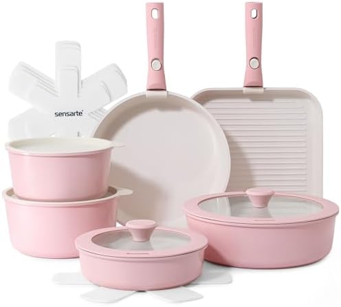 SENSARTE 17 Piece Ceramic Detachable Handle Pots and Pans Set Pink