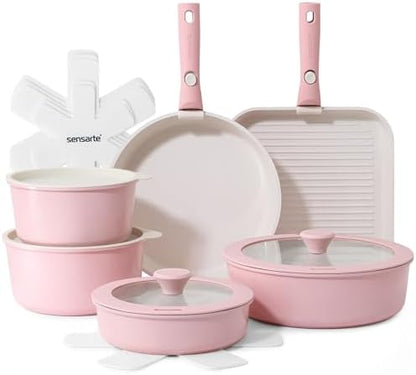 SENSARTE 17 Piece Ceramic Detachable Handle Pots and Pans Set Pink