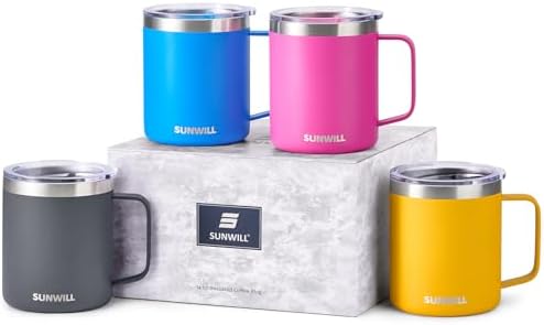 SUNWILL Travel Coffee Mug Set of 4, 14 oz Insulated Stainless Steel