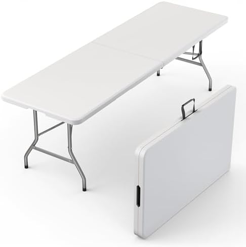 2 PACK of 8 Feet Foldable Table with Built in Handle & Steel Legs | 8 FT Heavy Duty Portable | Perfect for Party, Dining, Wedding, Events, Picnic Indoor, Outdoor, Camping, Temporary - 8 Foot