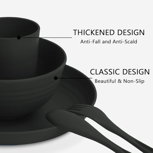 Wheat Straw Dinnerware Sets for 4, Unbreakable Plates and Bowls Sets 20 PCS, Reusable Plastic Dinnerware Set, Microwave Safe Kitchen Dish Set for Dorm, Camping (Black)