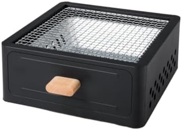 Portable Charcoal BBQ Grill Stove – Smokeless Outdoor Cooking for Camping & Tailgating, Yakitori Grill, Skewers, Easy Drawer Style, Pan and Grill Included Black (Black)