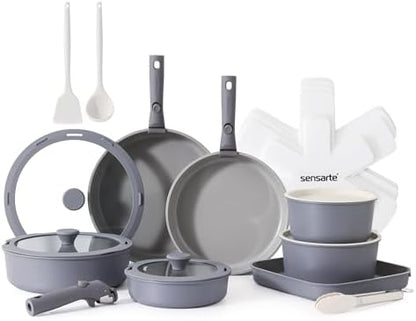SENSARTE 24 Piece Ceramic Detachable Handle Pots and Pans Set Gray