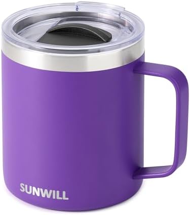 SUNWILL Insulated Coffee Mug with Lid, Travel Tumbler with Handle, 14 oz Stainless Steel Cup for Camping, Office, Home, Powder Coated Purple