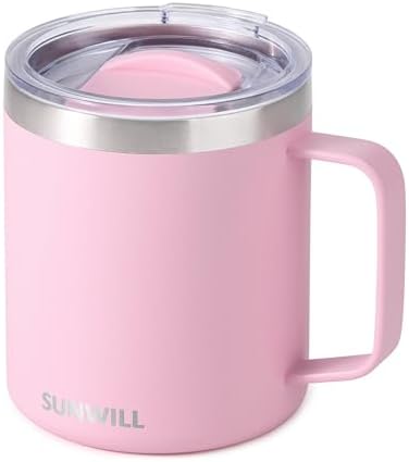 SUNWILL Insulated Coffee Mug with Lid, Travel Tumbler Reusable, 14 oz Stainless Steel Cup for Camping, Office, Home, Powder Coated Sakura