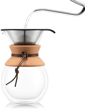 Bodum 34oz Pour Over Coffee Maker, High-Heat Borosilicate Glass with Reusable Stainless Steel Filter and Double Wall Cork Grip - Made in Portugal