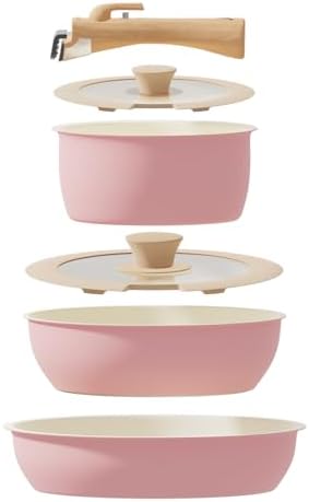 ShanSon 6 Pieces Kitchen Non-Stick Cookware Sets with Removable Handle, Stackable Pots and Pans Set Nonstick for Induction Gas RVs Camping Space Saving，Pink