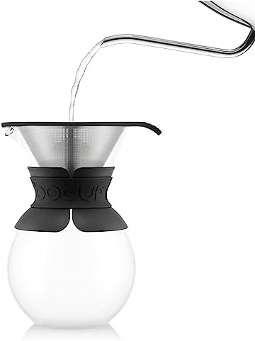 Bodum 34oz Pour Over Coffee Maker, High-Heat Borosilicate Glass with Reusable Stainless Steel Filter and Black Band Grip - Made in Portugal