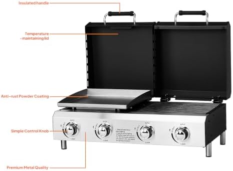 ROVSUN 4 Burner Propane Gas Grill & Griddle Combo, 40000 BTU Tabletop Flat Top Griddle & BBQ Grill with Ignition, Lids & Portable Cart for Outdoor Backyard Cooking Barbecue