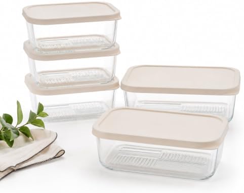 Glass Food Storage Containers with Lids - 10 Piece - 3 x 25.4 oz & 2 x 57.5 oz Glass with BPA-Free Leak Resistant Stackable Lids - Microwave, Oven & Dishwasher Safe - Ideal for Meal - Vanilla Mist