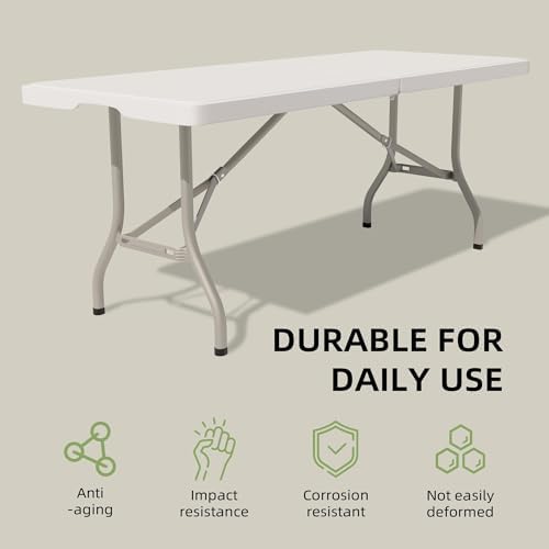 Folding Table 6 Foot - Heavy Duty 330LBS Capacity, Sturdy & Foldable Design with Safety Lock - Portable Tables Folding for Camping, Party, Indoor & Outdoor Use (Standard, 10 Pack)
