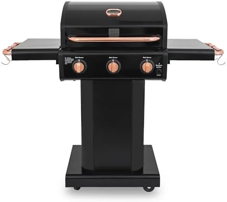 Kenmore 3-Burner Gas Grill | Foldable Side Tables, Cast Iron Cooking Grates, Warming Rack, Hooks for BBQ Grilling Tools, Propane Gas Barbecue Grill, 30,000 BTUs, Black with Copper Accent