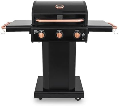 Kenmore 3-Burner Gas Grill | Foldable Side Tables, Cast Iron Cooking Grates, Warming Rack, Hooks for BBQ Grilling Tools, Propane Gas Barbecue Grill, 30,000 BTUs, Black with Copper Accent