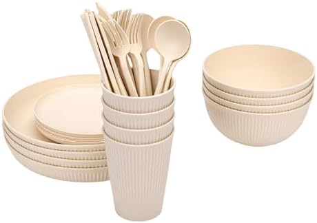 Generic Dinnerware Sets, Unbreakable Reusable Plates Bowls and Cups for 4 People, Lightweight PP Dinner Set with Storage Box, Dishwasher Microwave Safe, Ideal for Camping,
