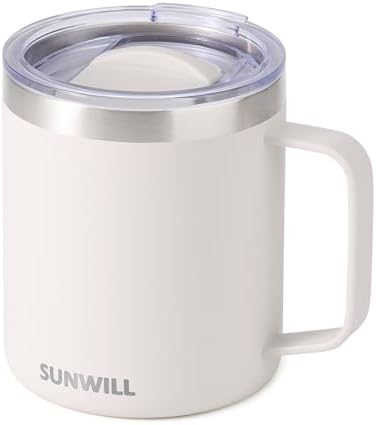SUNWILL Travel Coffee Mug with Lid, Insulated Tumbler with Handle, 14 oz Stainless Steel Cup for Home, Office, Camping, Powder Coated Cream