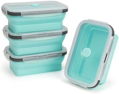 Collapsible Silicone Food Storage Containers Set with Lid & Air Vent,Foldable Lunch Containers(4PCS,Light Turquoise,27oz)