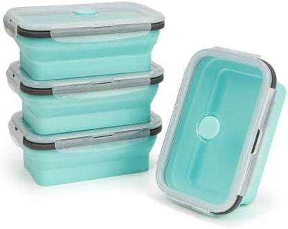 Collapsible Silicone Food Storage Containers Set with Lid & Air Vent,Foldable Lunch Containers(4PCS,Light Turquoise,27oz)