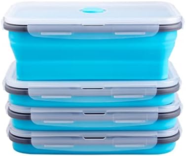 Collapsible Food Storage Containers with Airtight Lid & Air Vent, 40.5 oz, Kitchen Stacking Silicone Collapsible Meal Prep Container Set for Leftover, Microwave Freezer Dishwasher Safe, Blue, Set of 4