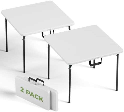 Folding Table 2 Pack, 36 Inch Square Foldable Card Tables, No Assembly Portable Folding Tables, Heavy Duty Fold-in-Half Tables with Carry Handles for Camping, Picnic, Parties, RV Travel & Indoor Use